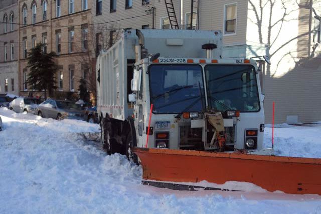 Reader Lauren sent us this picture of a plow stuck in Greenpoint since 9 a.m. this morning.